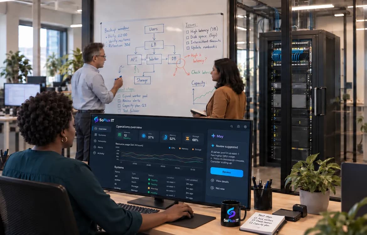 A team reviewing their systems on the May operations console, with the server rack behind them